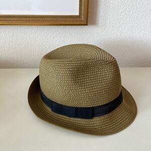 Ann Taylor Short Brim Panama Fedora 100% Paper Hat Black Ribbon